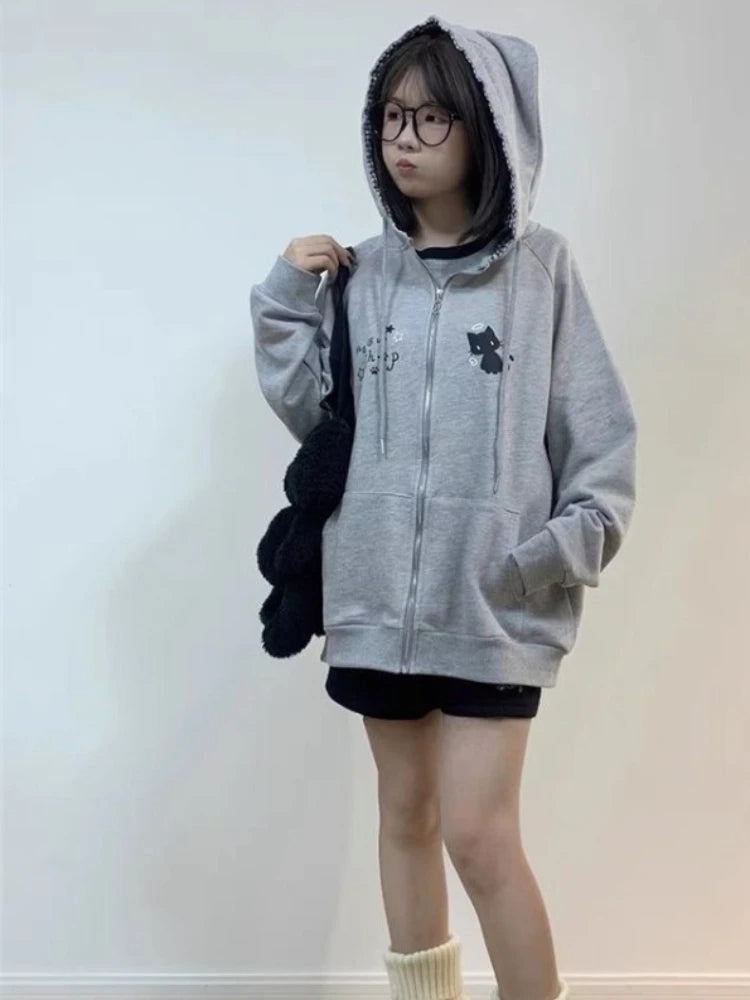 Cartoon Graphic Long Sleeve Full Zip Casual Hoodie