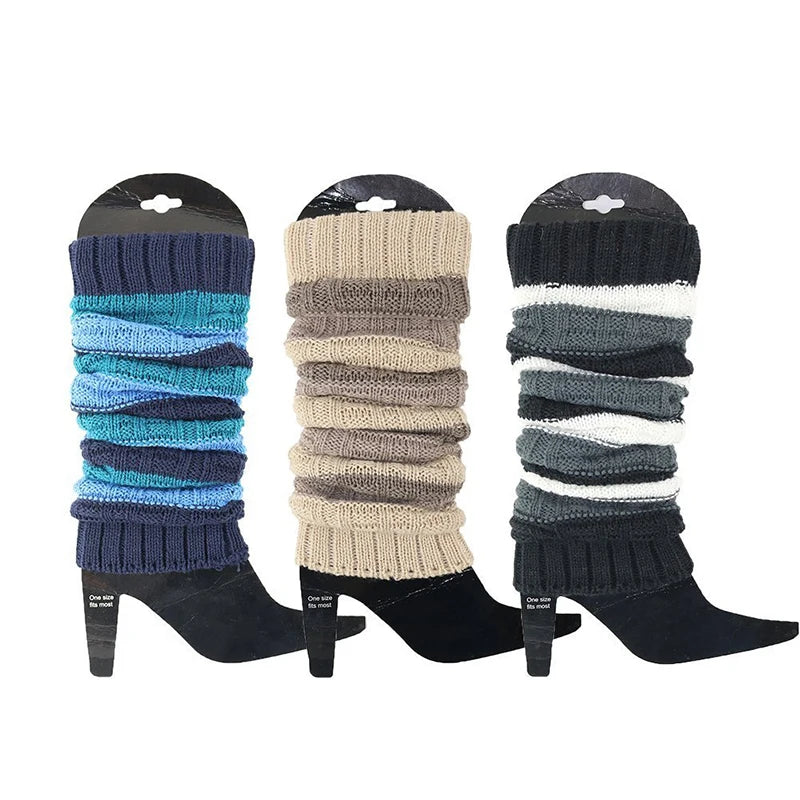 Striped Knit Calf Leg Warmers with Stirrup Foot Shape