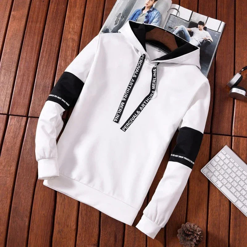Men's Contrast-Sleeve-Stripe Long-Sleeve Pullover Hoodie