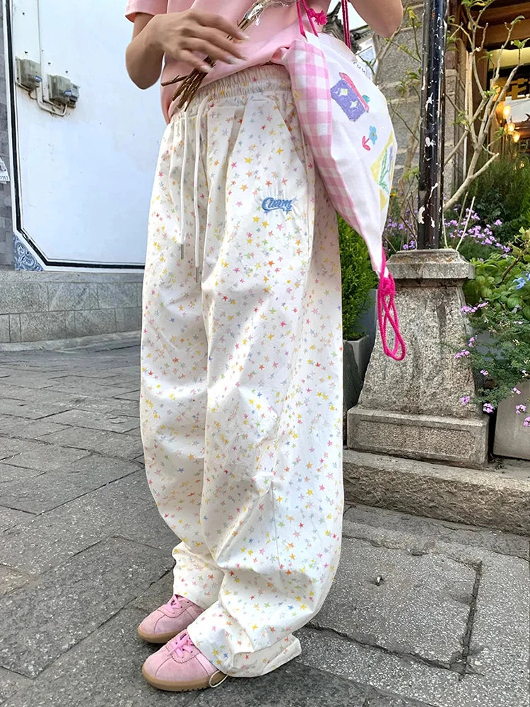Women's Wide Leg Pants with Star Motifs and Elastic Waist