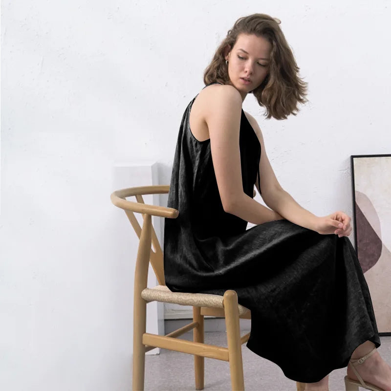 Women's Linen Sleeveless Loose A-Line Ankle-Length Dress with Straps and Practical Pockets