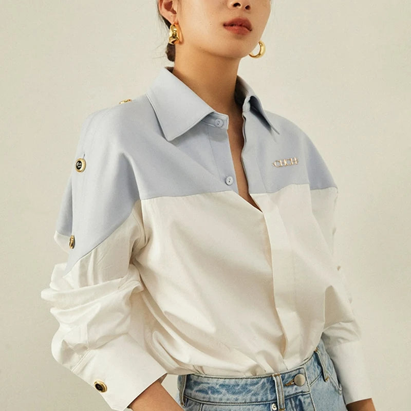 Women's Colour Block Collared Shirt with Wide Sleeves