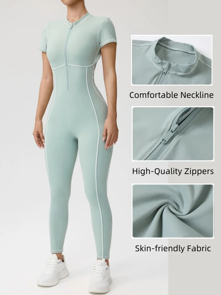 Women's Short Sleeve Nylon Blend Workout Jumpsuit with Back Cutout