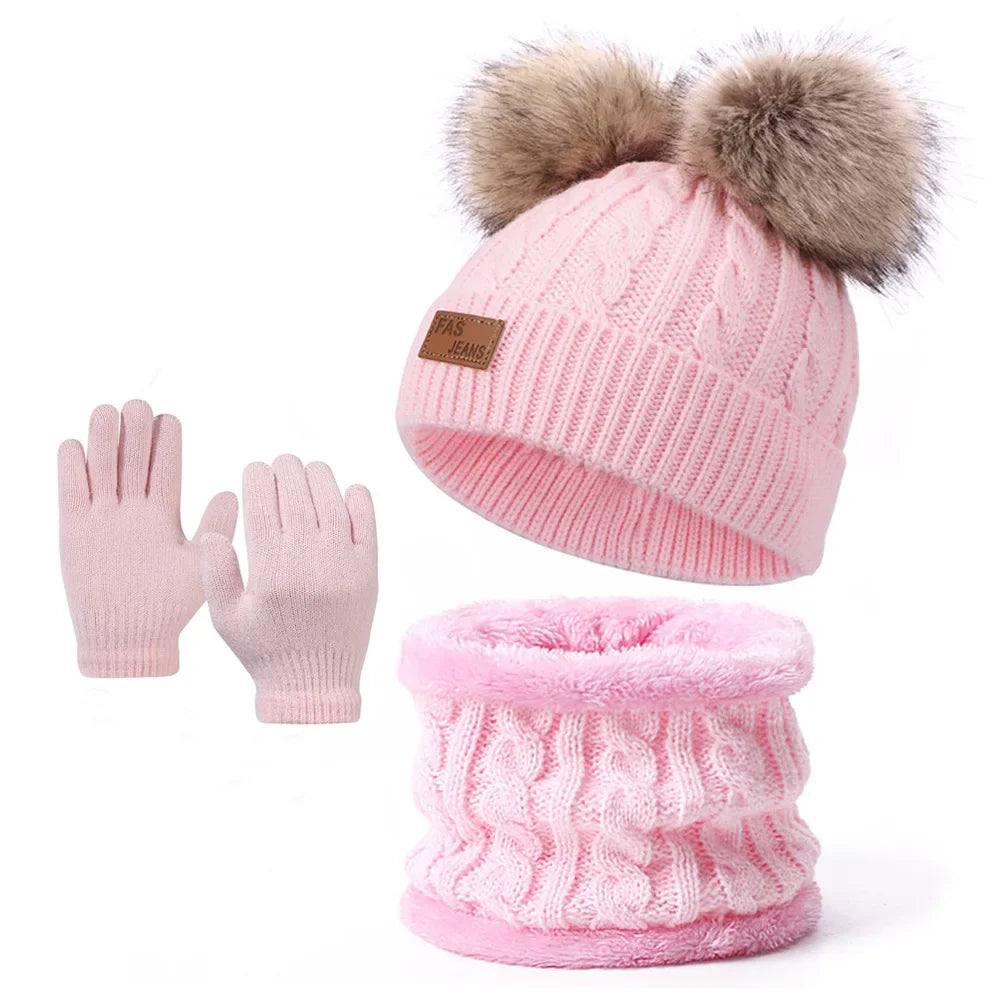 Children's Pom-Pom Knitted Beanie Hat Scarf and Gloves Winter Accessory Set