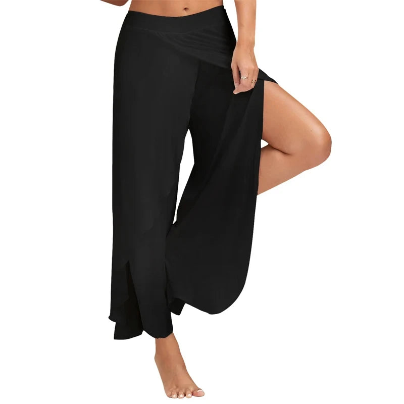 Women's Side Split Polyester Rayon Palazzo Pants with Flowing Wide Legs
