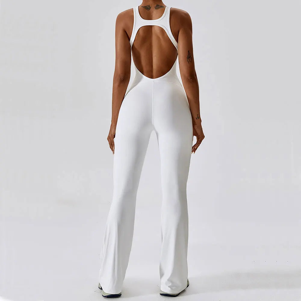 Women's Cross Strap Nylon Blend Workout Jumpsuit with Back Cutout and Long Legs