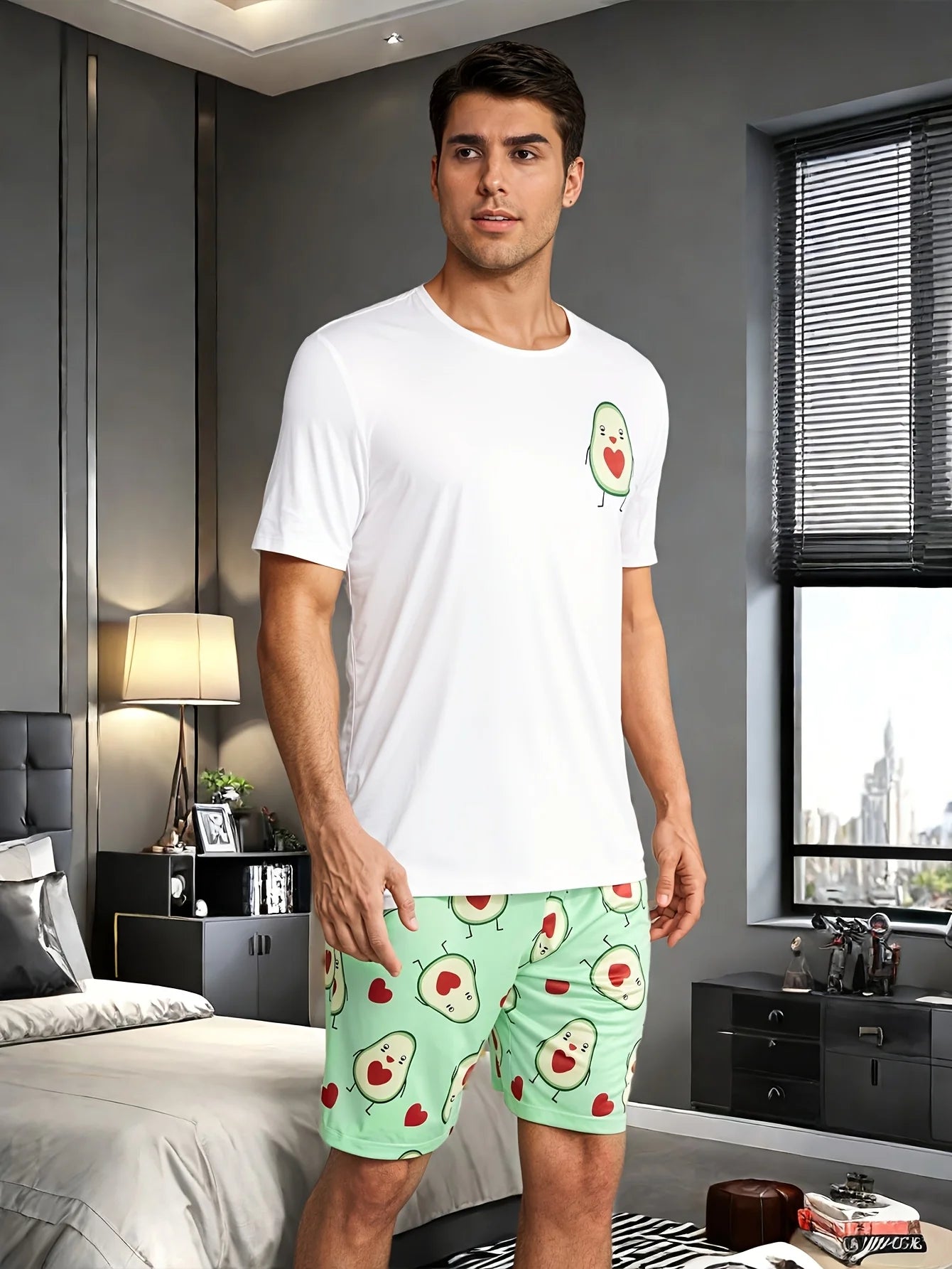 Men's Avocado Print T Shirt and Shorts Pajama Set