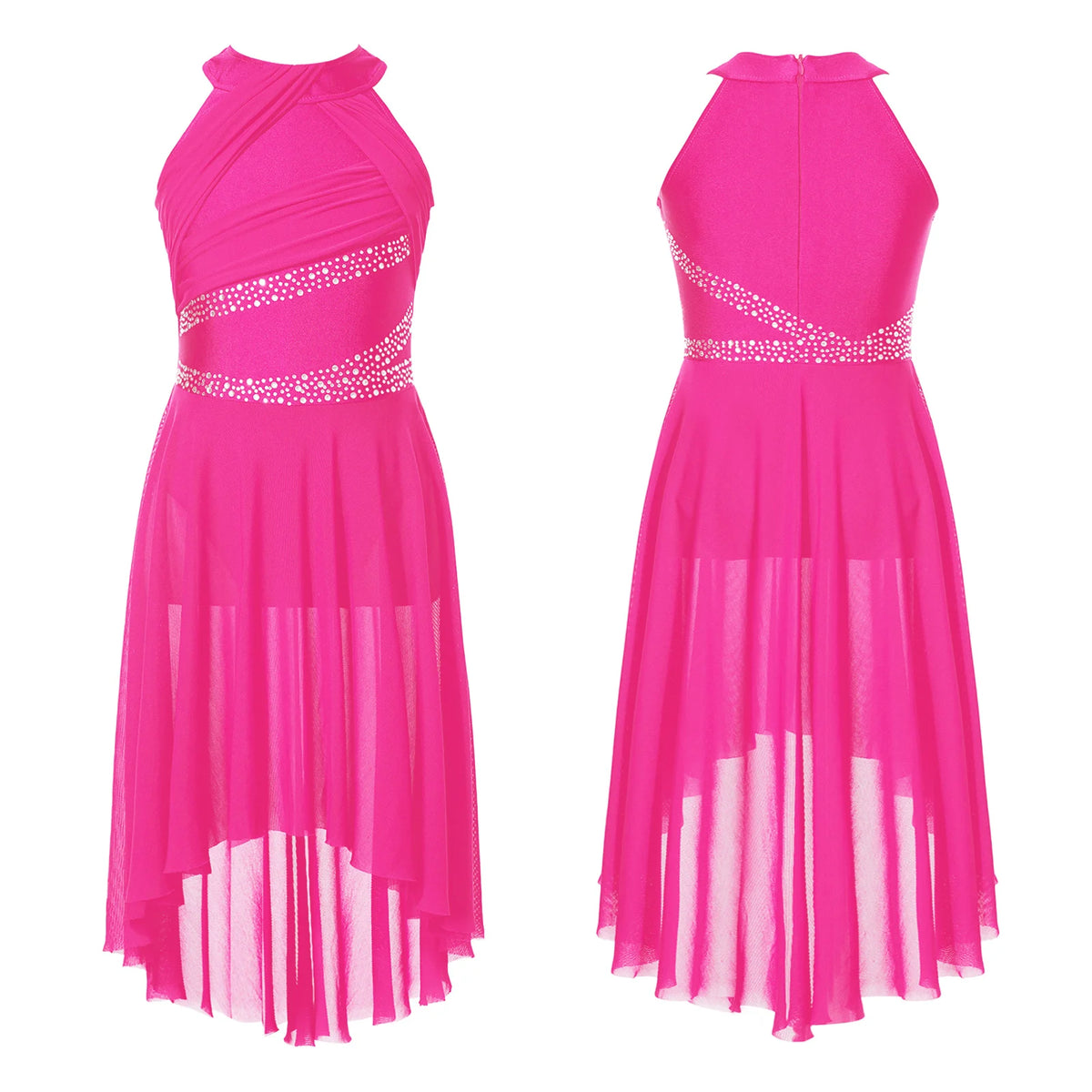 Girls' Sleeveless Rhinestone Ballet Dress with Asymmetric Mesh Skirt Overlay