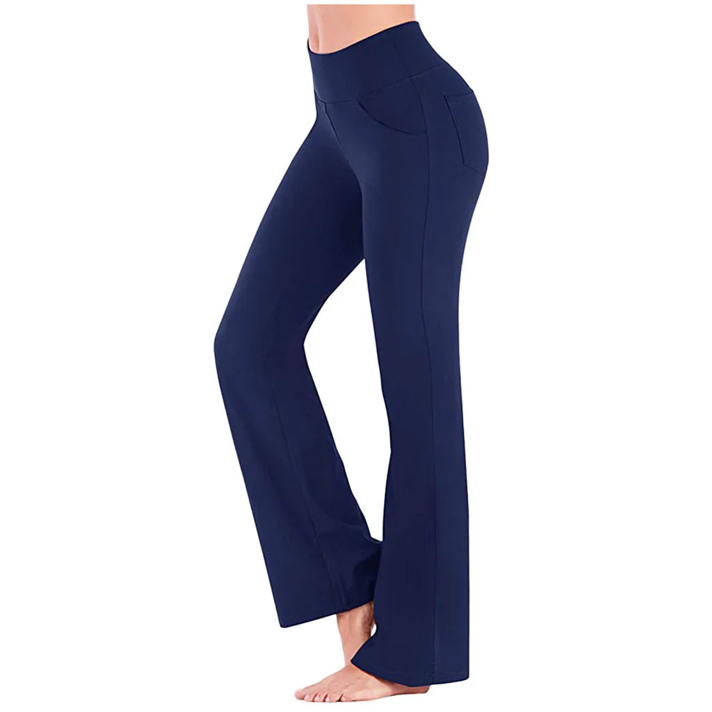 Women's High Waist Polyester Flared Workout Pants with Side Pockets