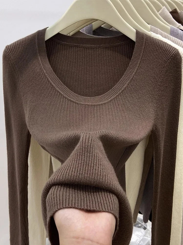 Women's Scoop Neck Ribbed Long Sleeve Sweater Casual Knit Layer