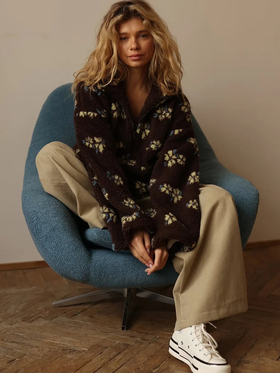 Floral Fleece Stand Collar Half Zip Long Sleeve Sweatshirt
