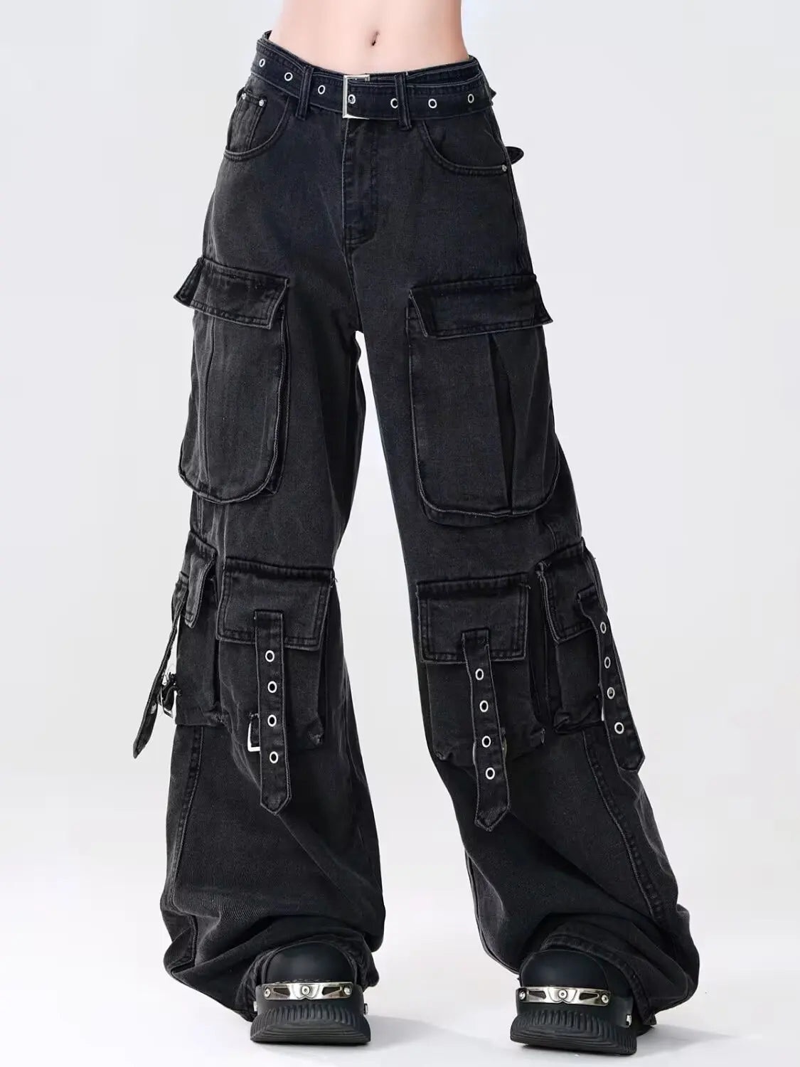 Women's Cargo Pants with Washed Look and Strap Pocket Details