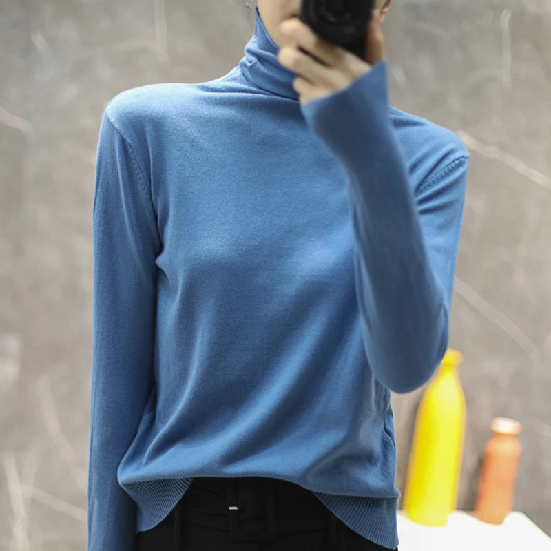 Women's Fitted Roll Neck Long Sleeve Sweater Casual Knit Layer