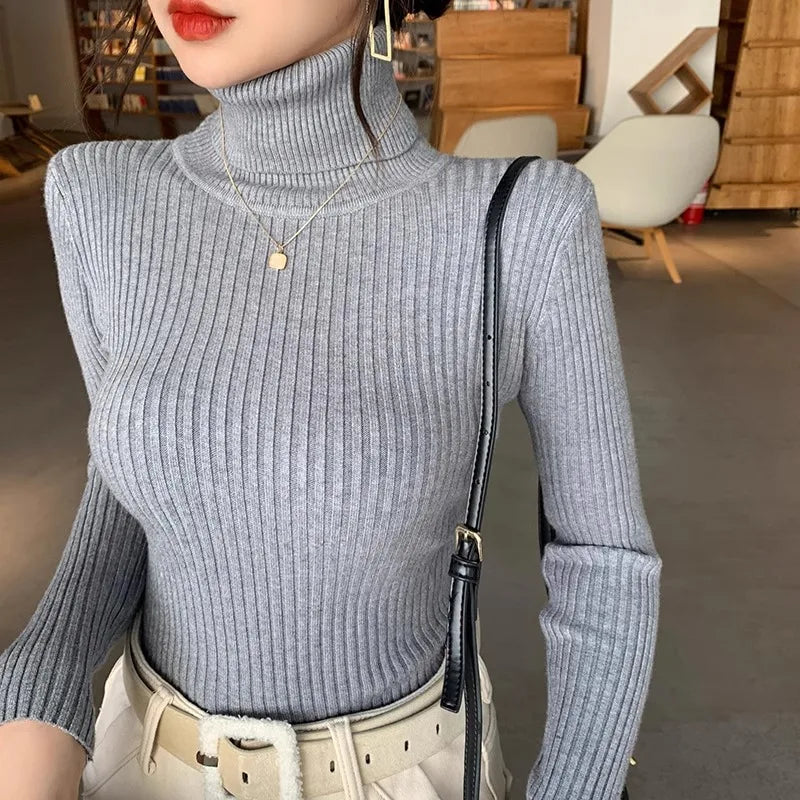 Women's Fitted Ribbed Roll Neck Sweater Casual Knit Layer