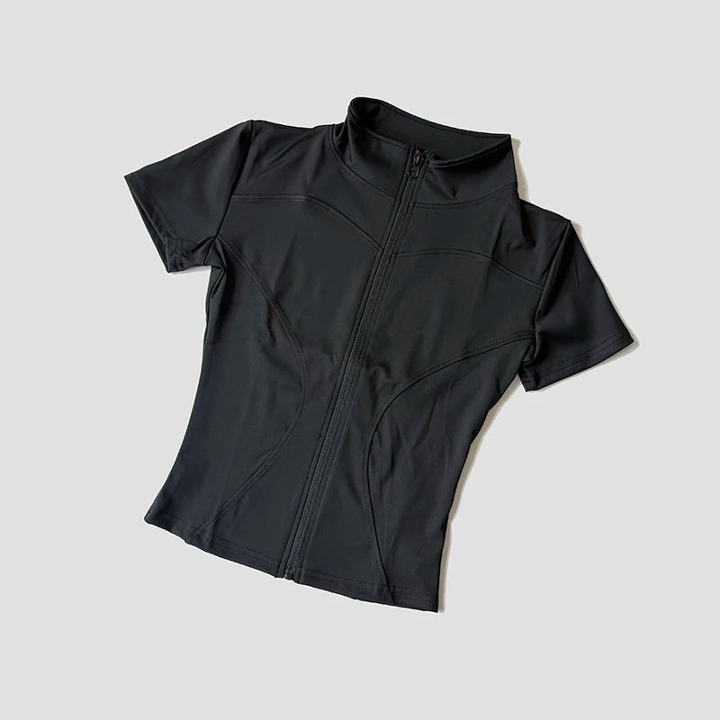 Women’s Slim Fit Short Sleeve Yoga Top with Stand Collar Zip Front