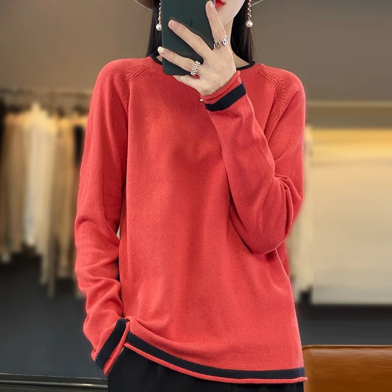 Women's Crew Neck Contrast Stripe Trim Sweater Casual Knit Layer