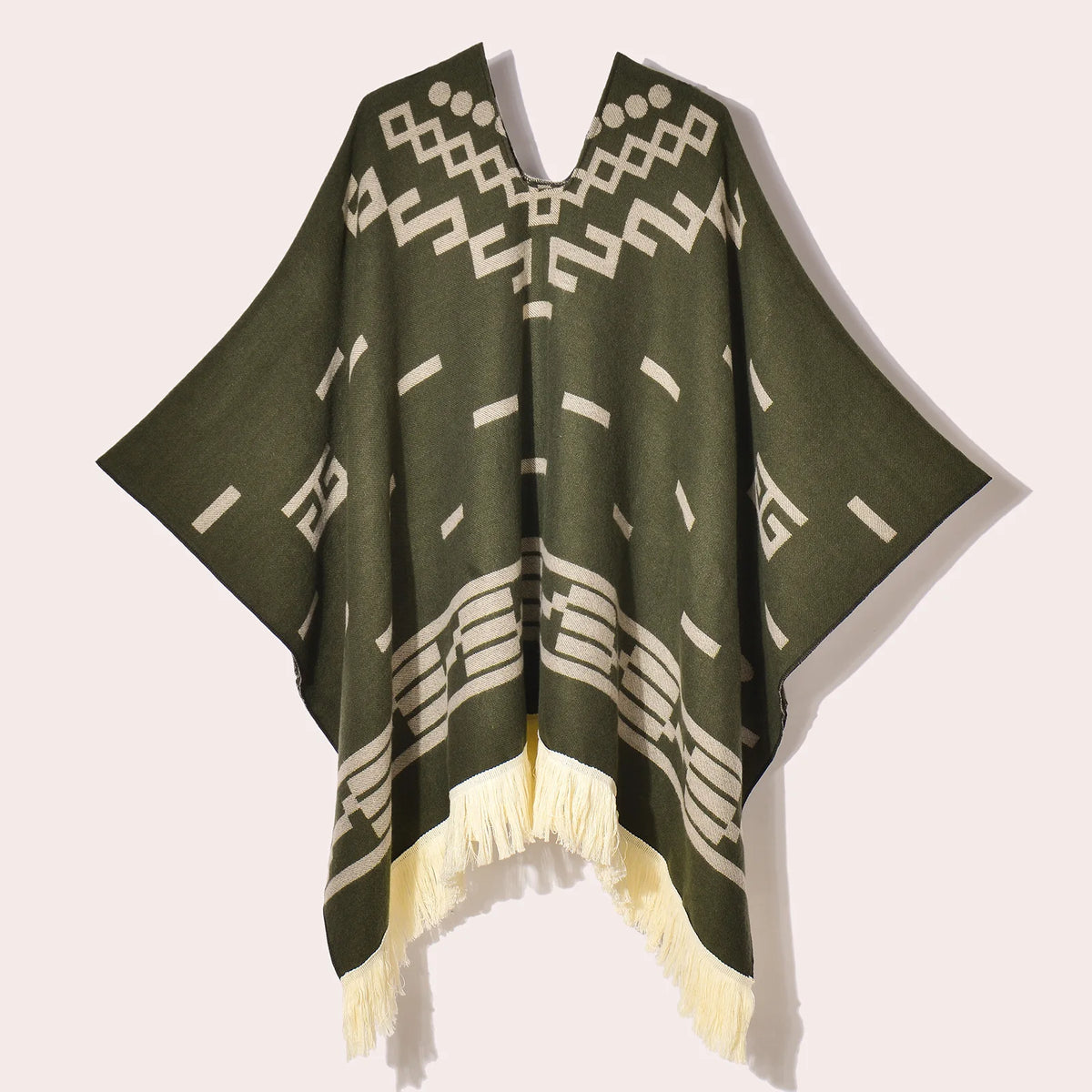 Geometric Pattern Fringe Poncho for Layering over Outfits