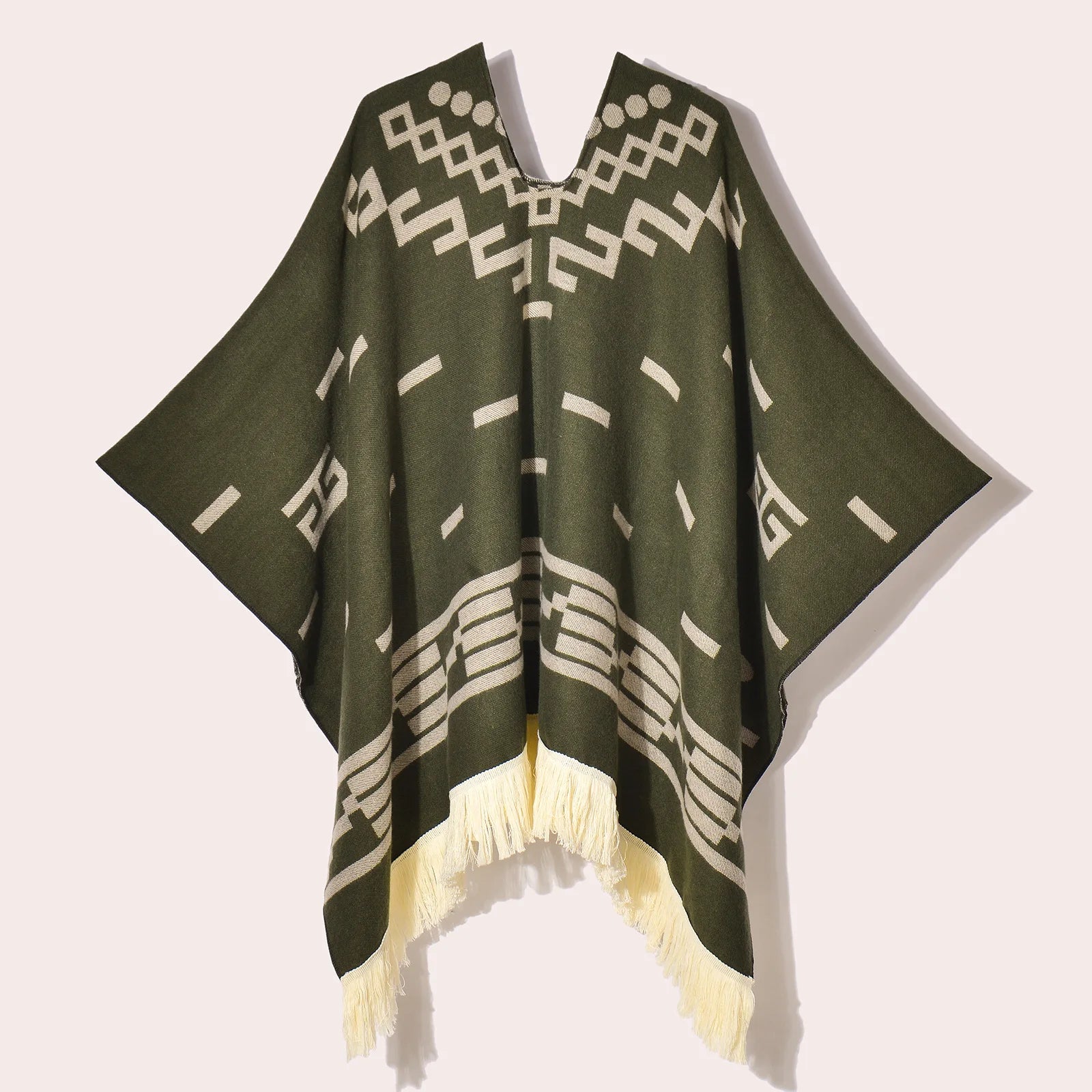 Geometric Pattern Fringe Poncho for Layering over Outfits