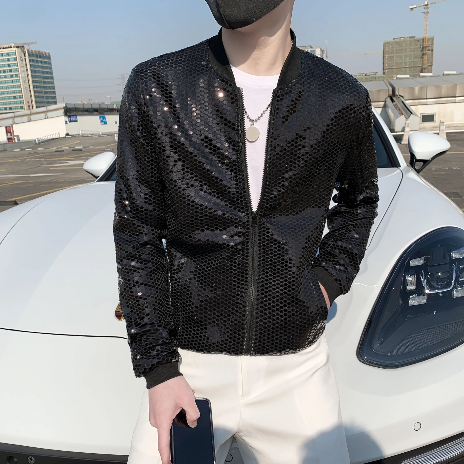 Metallic Finish Long Sleeve Front Zip Casual Bomber Jacket