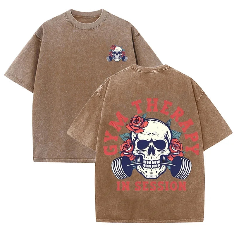 Gym Therapy In Session Skull Rose Print Vintage Washed Workout T Shirt
