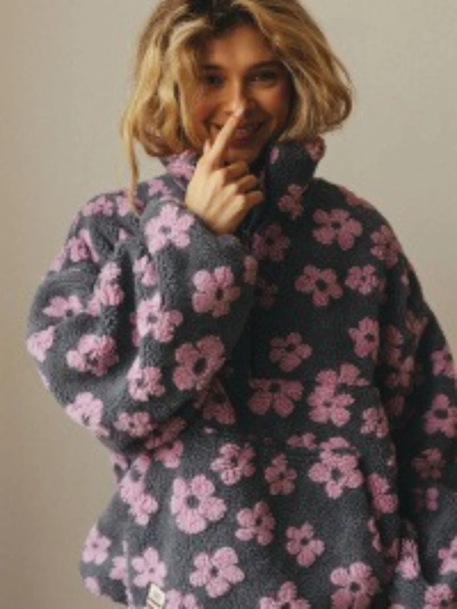 Floral Fleece Stand Collar Half Zip Long Sleeve Sweatshirt