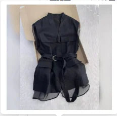 Women's Belted Sleeveless Vest with Sheer Hem Panels