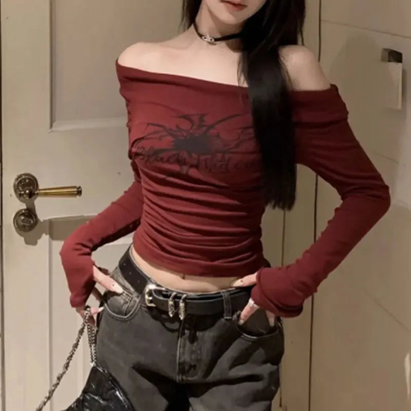 Graphic Off Shoulder Long Sleeve Fitted Casual T Shirt