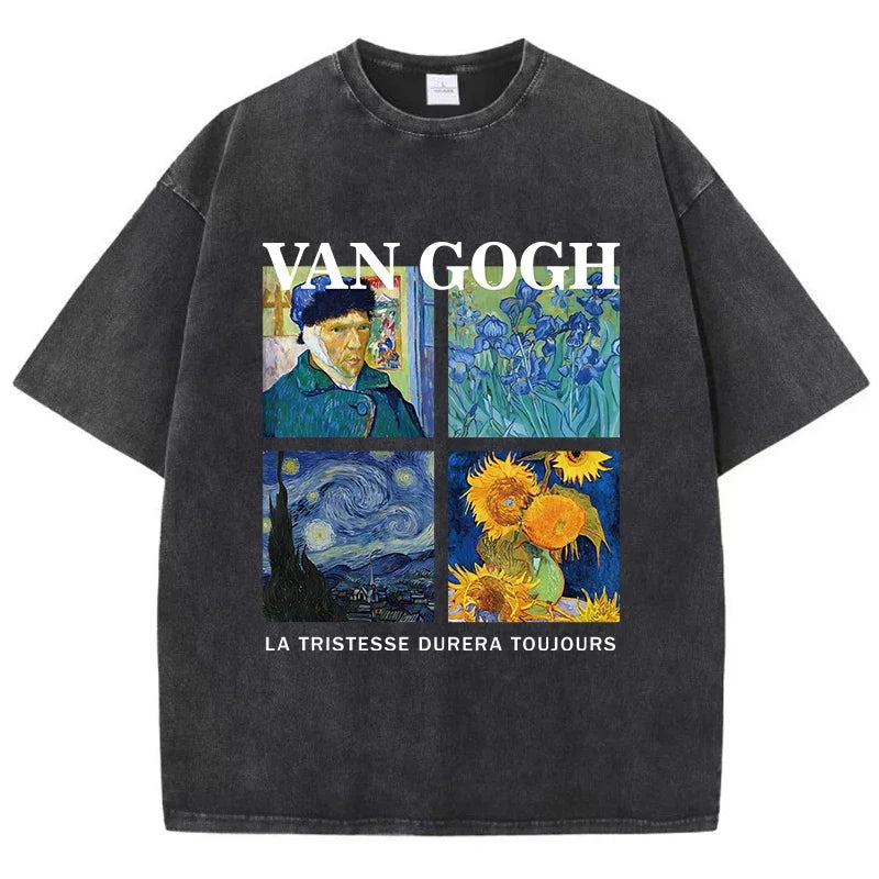 Fashionable Men's Washed T-shirt Printed Top Cotton Oversized Round Neck T-shirt Street Wear