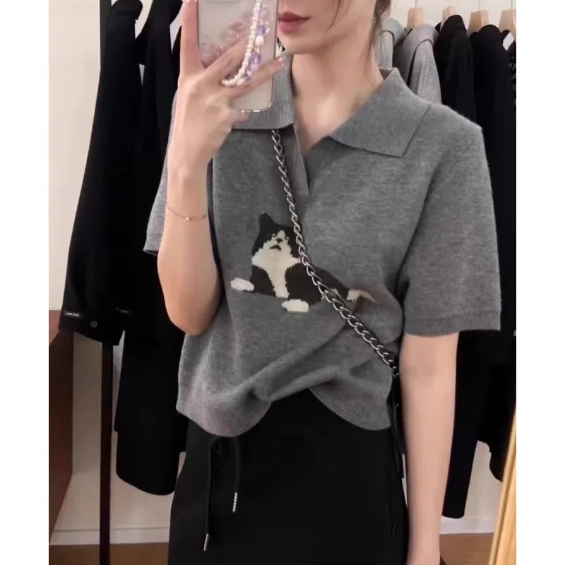 European vintage cat jacquard cashmere knitted short-sleeved women's lapel front-shoulder wool T-shirt, half-sleeved short top