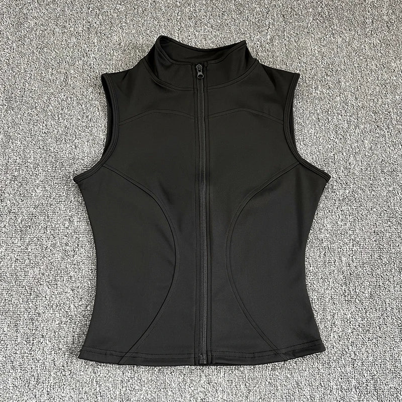 Women's Polyester Blend Zip Front Workout Tank with a Stand Collar