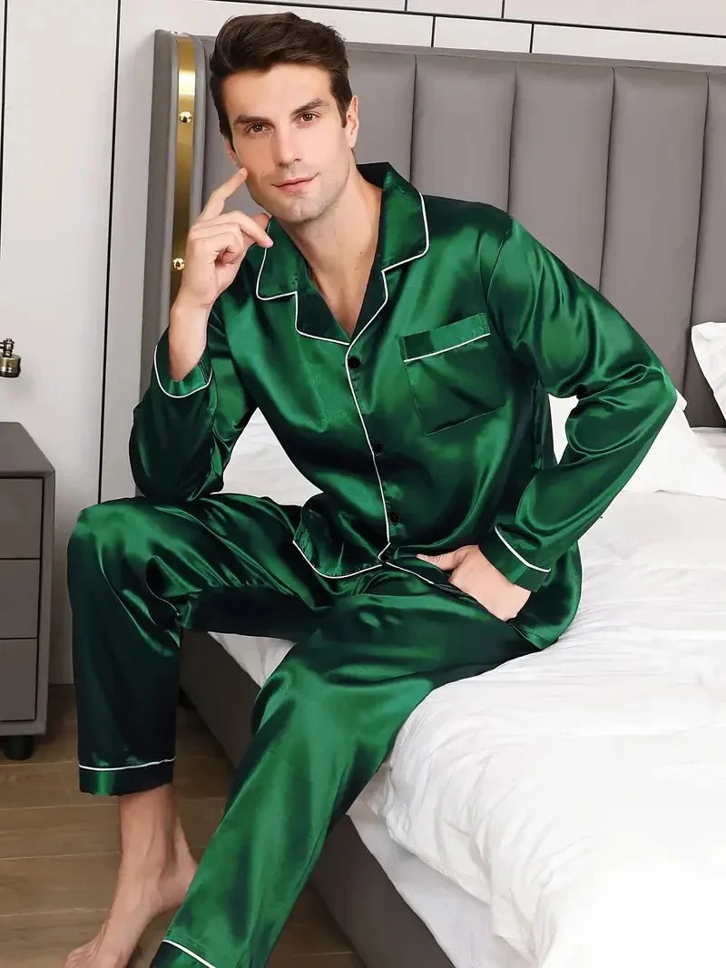 Men's Satin Look Button Front Shirt and Pants Pajama Set