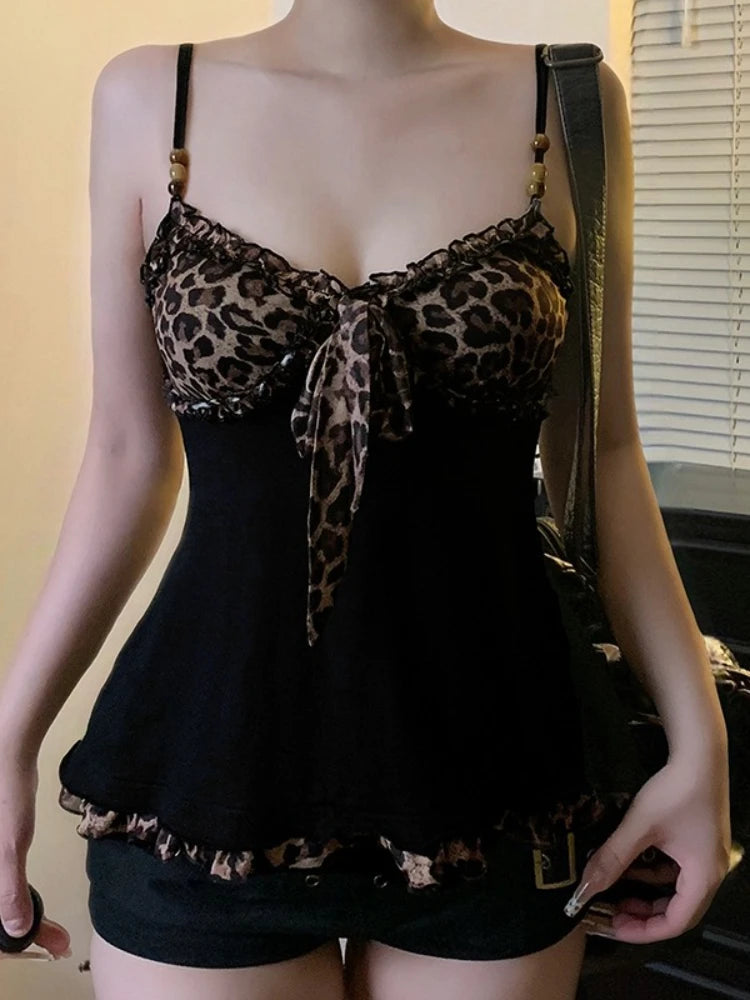 Women's Leopard Bow Polyester Camisole with Thin Straps and Lace Trim