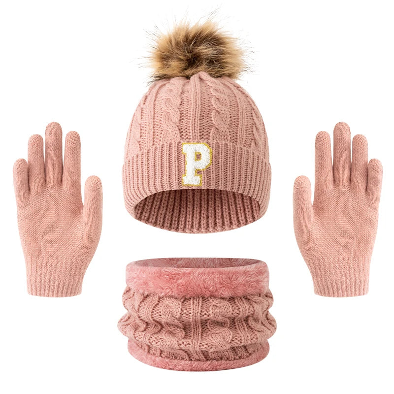 Children's Letter Knitted Hat Scarf and Gloves Set for Winter Wear