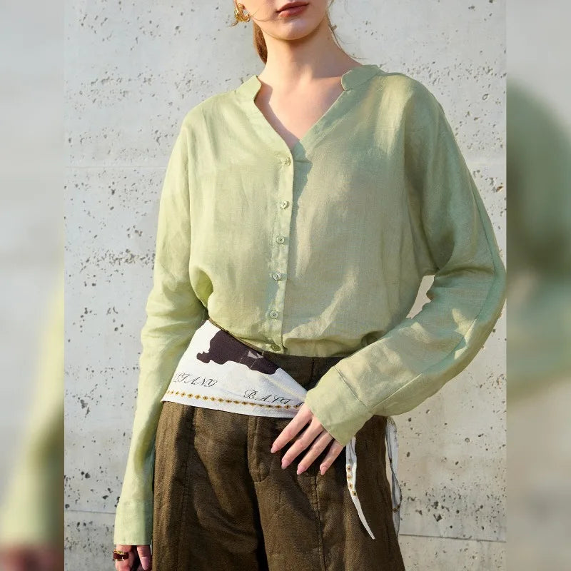Women's Ramie Long-Sleeve V-Neck Button-Up Shirt with Loose Fit for Casual Outfits
