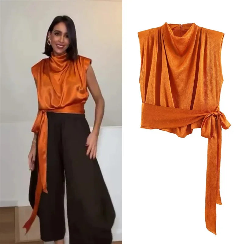 Women's Sleeveless Blouse with a Draped Neckline and Long Ribbon Ties