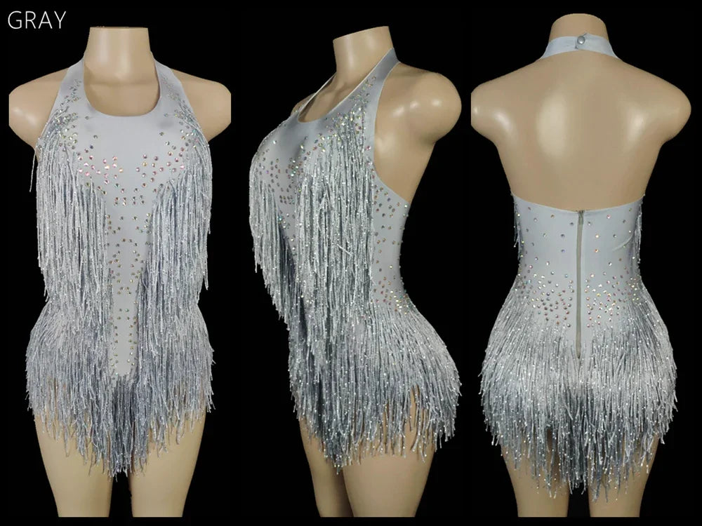Women's Rhinestone Fringe Halter Dance Bodysuit for Stage Costume Outfits