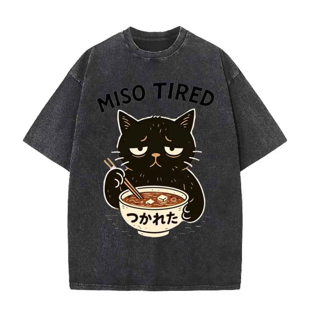 Vintage Washed Purple Miso Tired Black Cat Miso Soup Casual T Shirt
