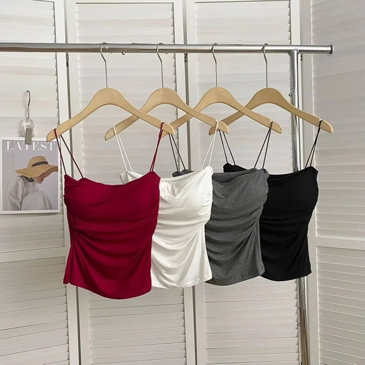 Women's Thin Strap Crop Top with Ruched Detailing and Cropped Length