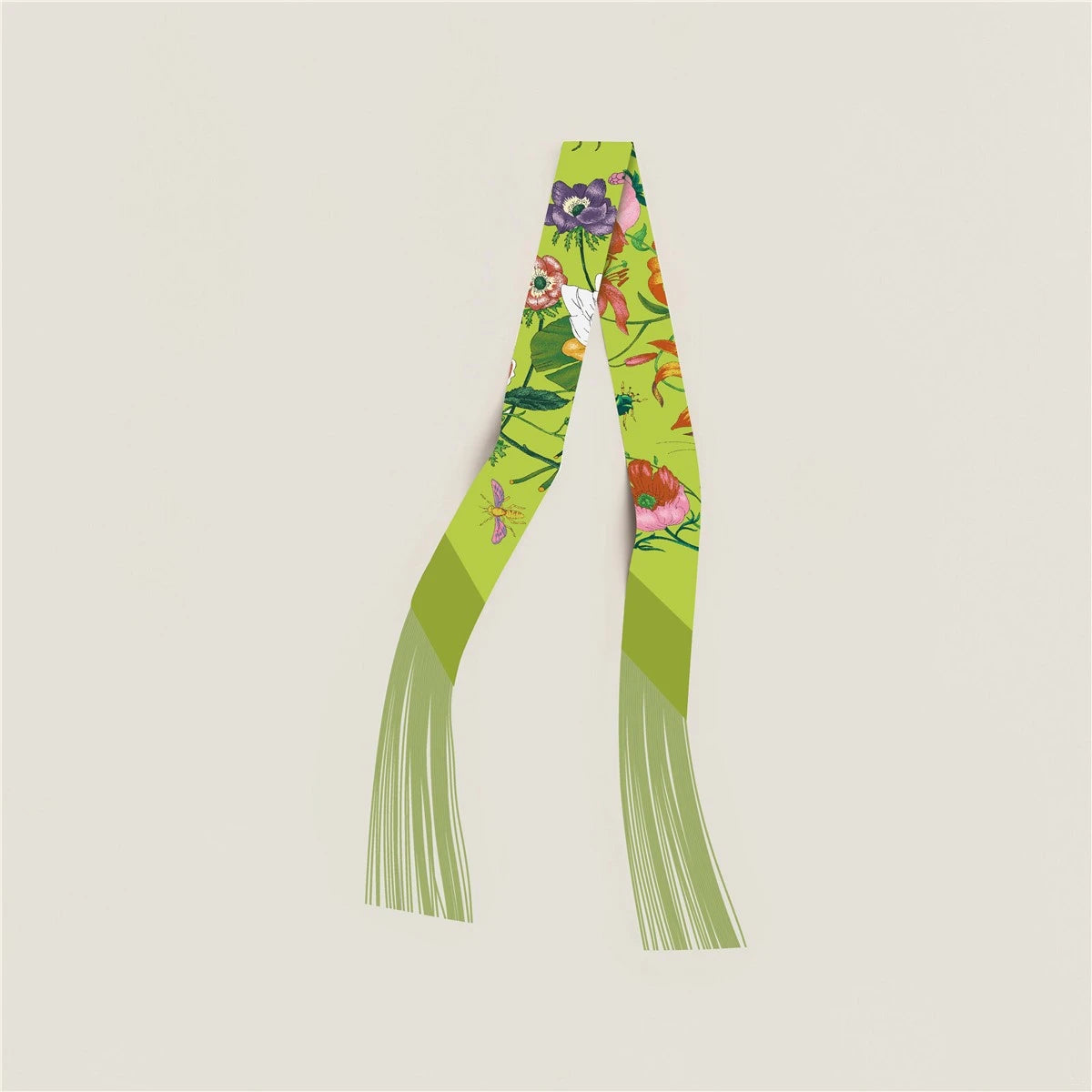 Printed Narrow Ribbon Scarf with Decorative Fringed Ends