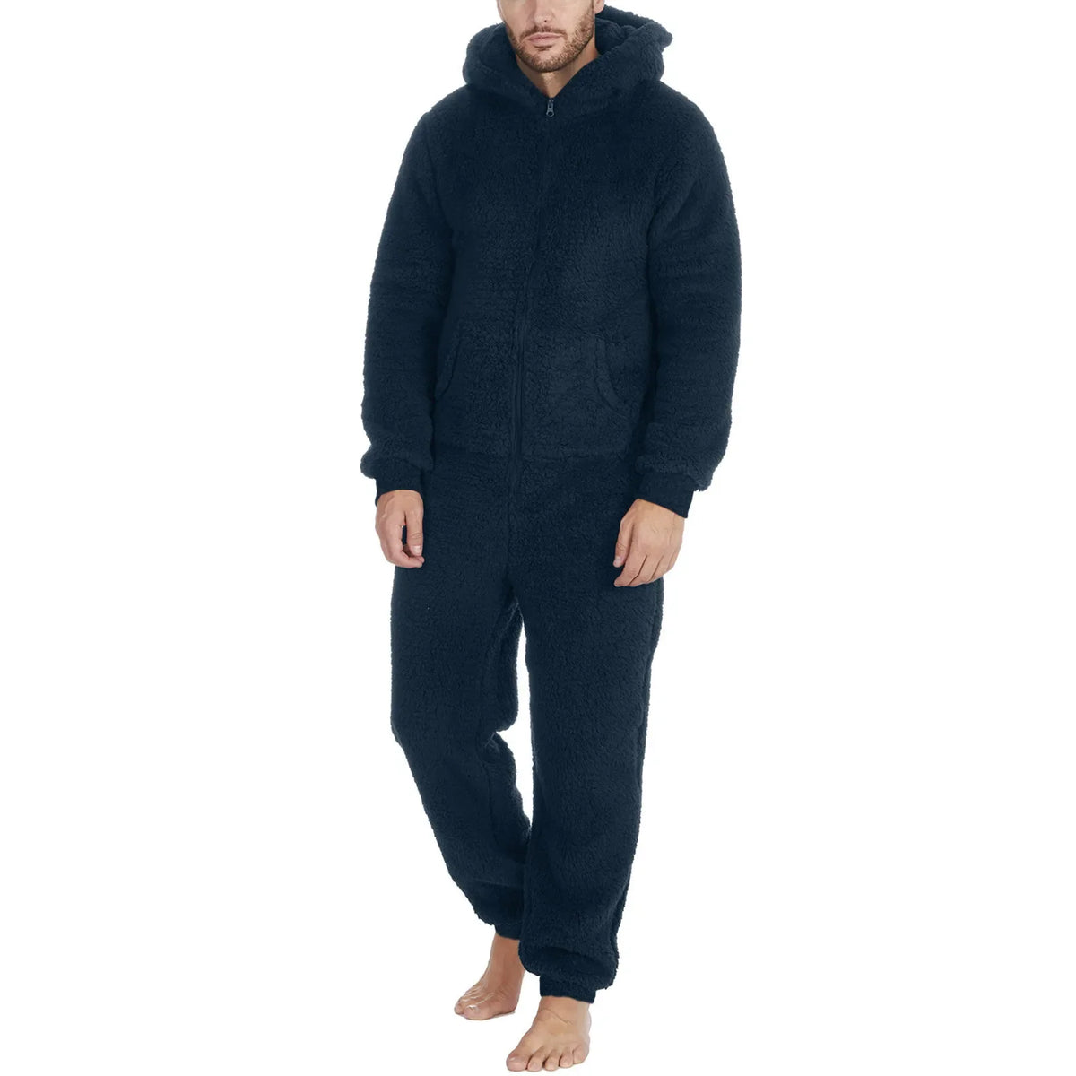 Men's Hooded Zip Front Long Sleeve Plush Pajama Jumpsuit