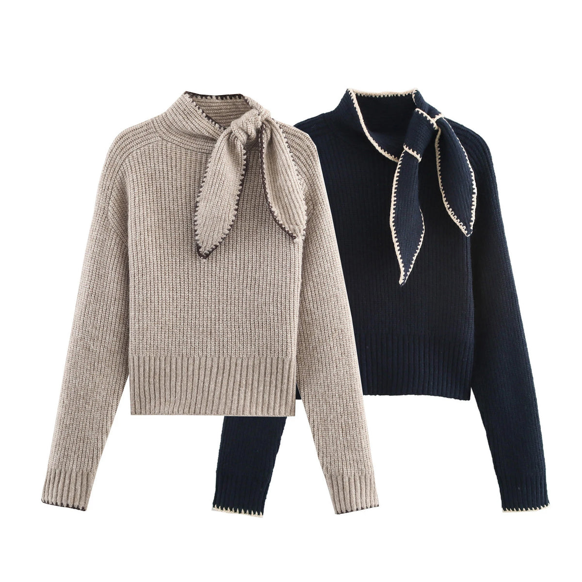 Women's Tie Neck Long Sleeve Knit Sweater Casual Knit Layer