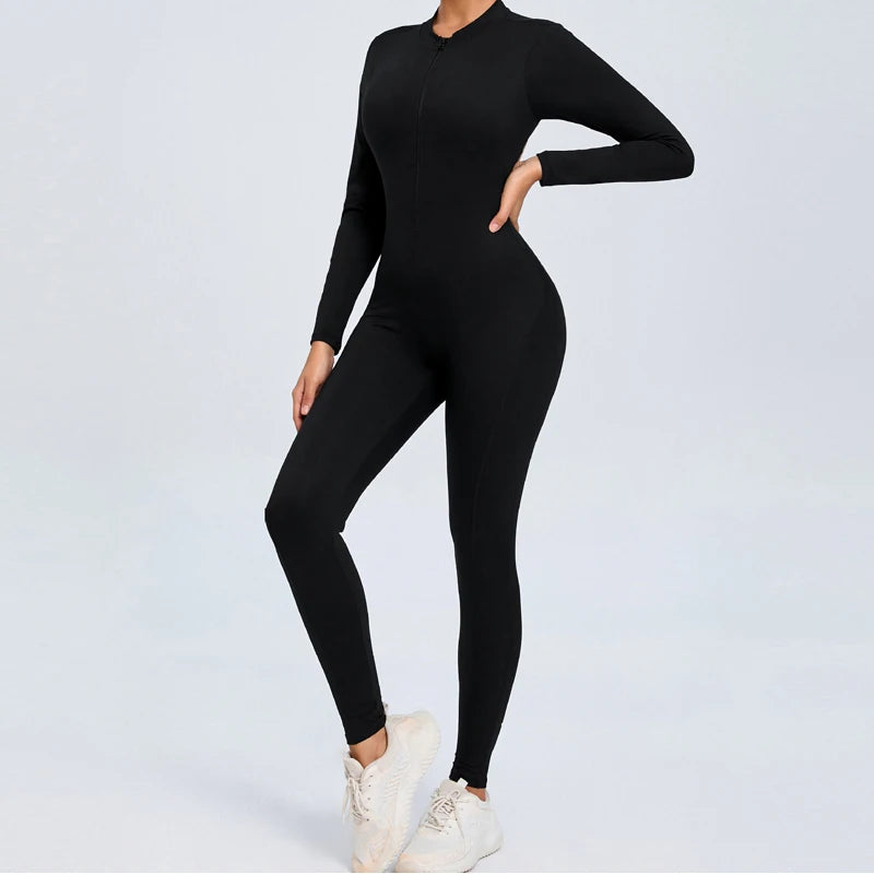 Women's Long Sleeve Nylon Blend Workout Jumpsuit with Oval Back Cutout
