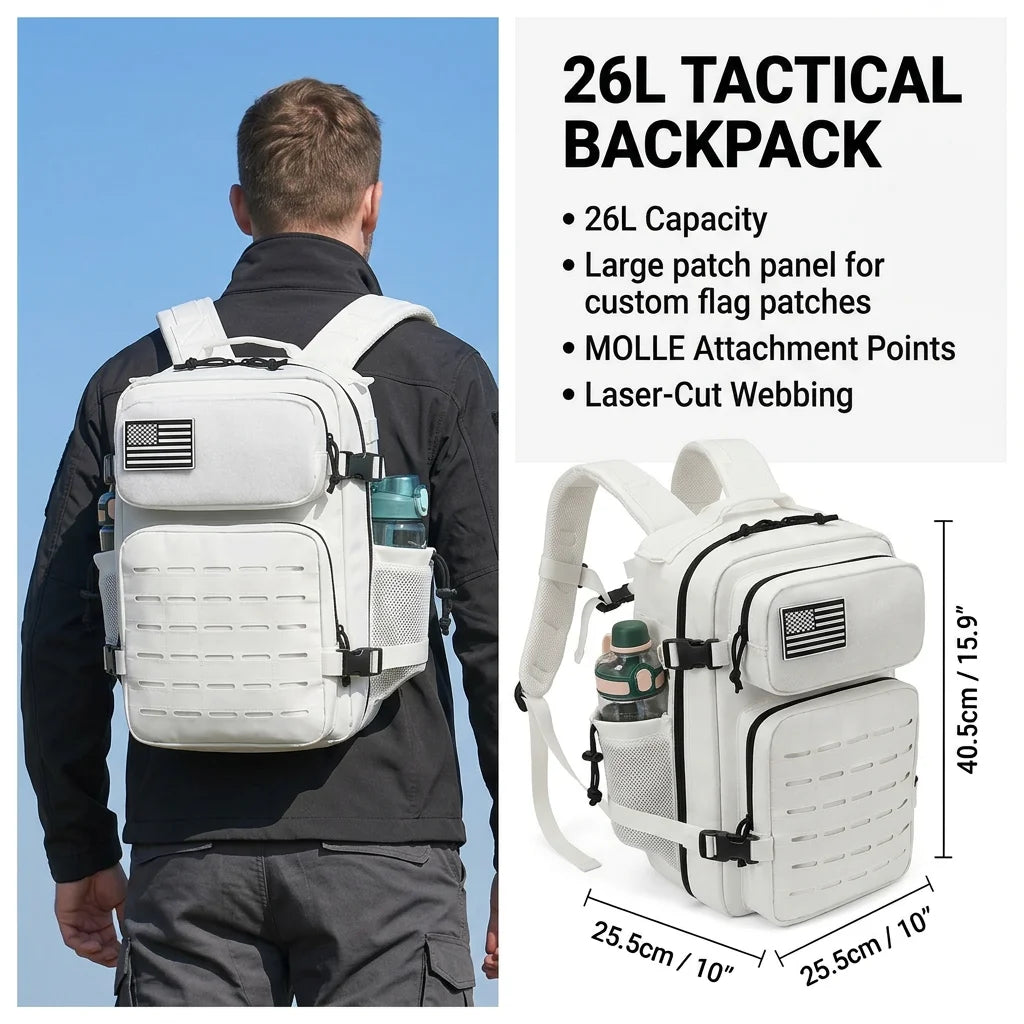 Tactical Travel Backpack with Front Webbing Panels and Side Bottle Pockets