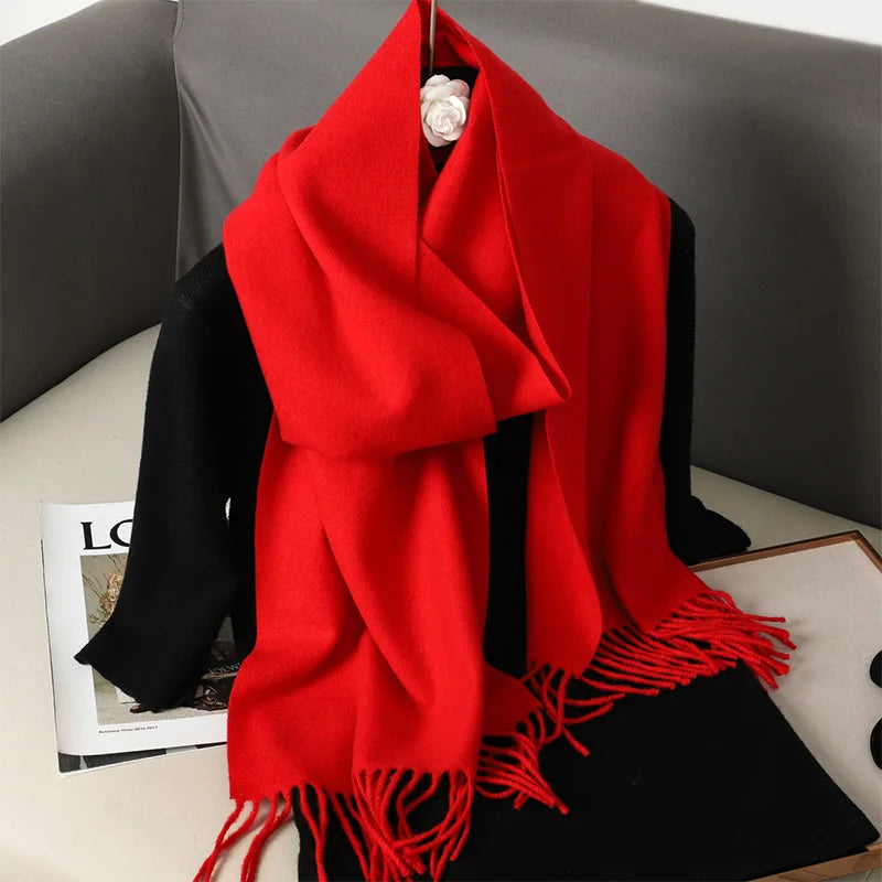 Solid Long Rectangular Scarf with Decorative Fringe Trim