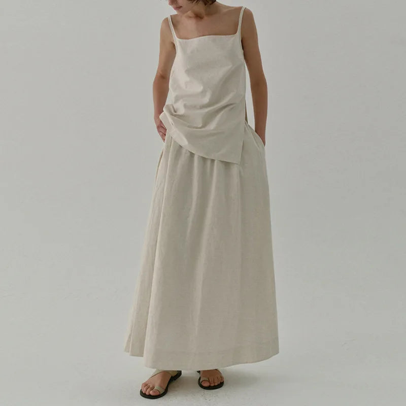 Women's Cotton-Linen Loose A-Line Ankle-Length Skirt with Pockets for Casual Everyday Outfits