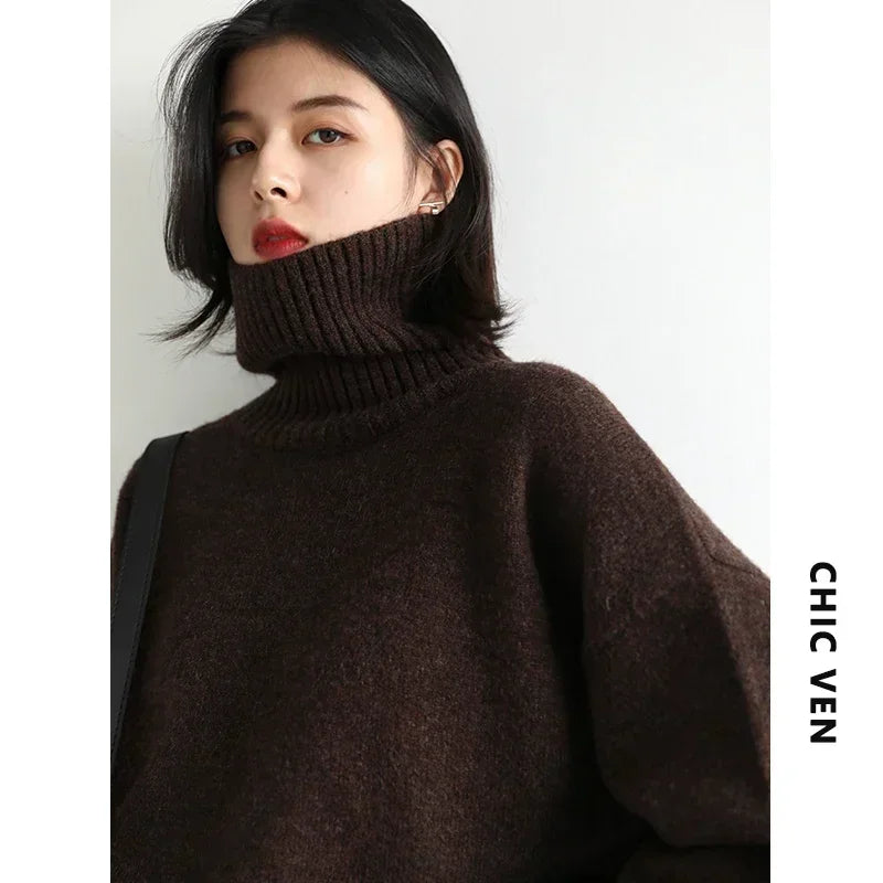 Women's Oversized Roll Neck Long Sleeve Sweater Casual Knit Layer