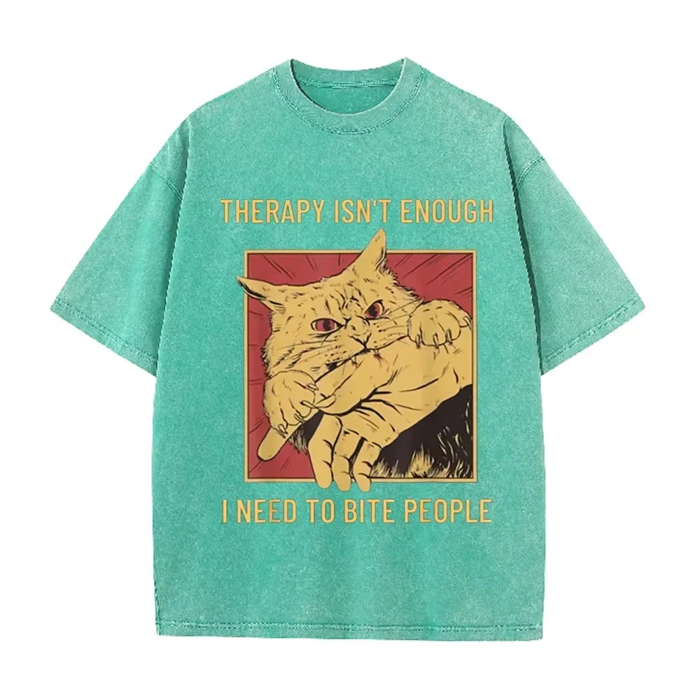 Funny Cat Bite Hand herapy Isn't Enough Print Vintage Washed Black T Shirt