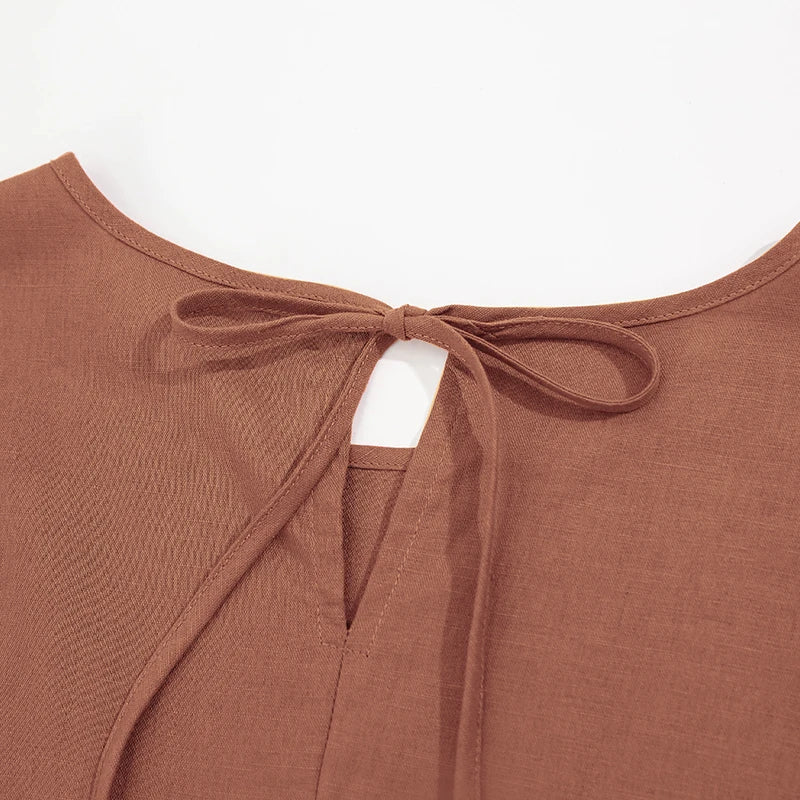 Women's Cotton-Linen Round-Neck Short-Sleeve Loose A-Line Midi Dress with Pockets for Summer
