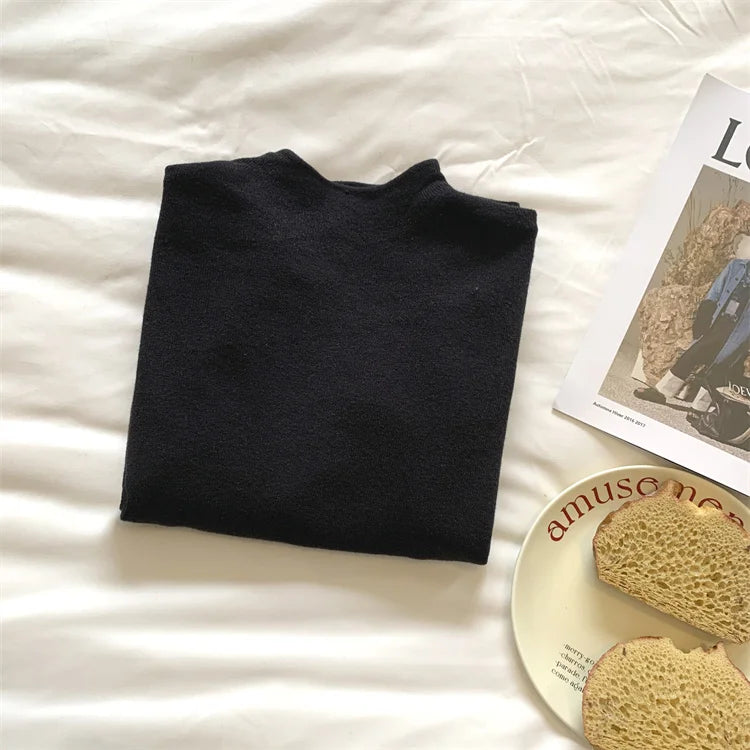 Women's Plain Mock Neck Knit Sweater Casual Knit Layer