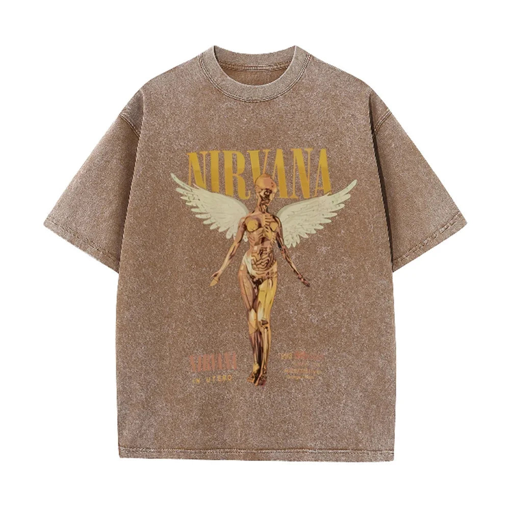 Vintage Distressed Washed Tee Nirvana Grunge Rock Silver Angel Skeleton Print Loose Fit Short Sleeve T Shirts